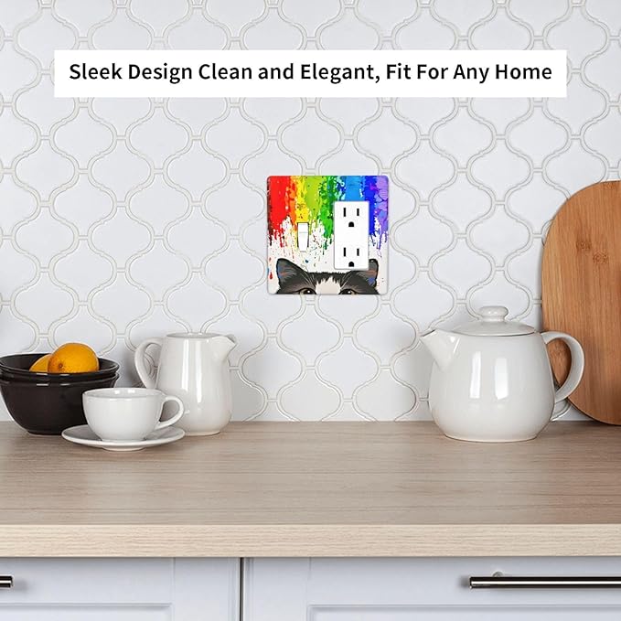 Cat Rainbow Single Toggle Rocker Combination Wall Plate Decorative 2 Gang Light Switch Covers Electrical Switchplate Home Decorate Faceplat for Bathroom Bedroom Kitchen Room 4.5 x 4.5 Inch