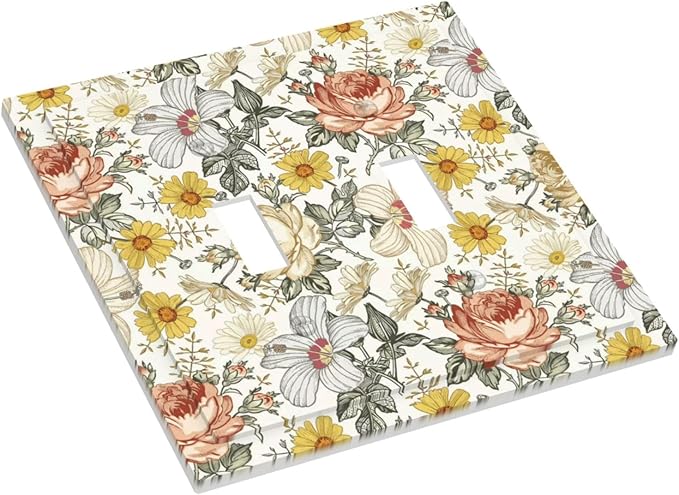 Multicolor Peony Daisy Vintage Floral Flower Decorative Switch Plates 2 Gang Double Toggle Outlet Light Switch Cover Wall Plate Electrical Faceplate for Bedroom Living Room Decor