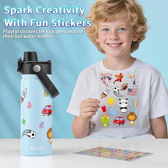 baab 18oz Kids Water Bottle, Insulated Kids Water Bottle with Lockable Spout Lid & Stickers, 18/8 Stainless Steel Vacuum Leakproof Kid Water Cup for Boy Girl School (Navy Blue+Light Blue, 2 Pack)