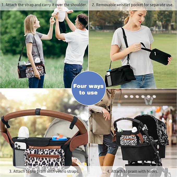 Baby Stroller Organizer, Universal Stroller Organizer with Detachable Phone Bag, Stroller Caddy with 2 Insulated Cup Holders, Buggy Organizer Bag with 2 Hooks Fits Most Strollers (Leopard)
