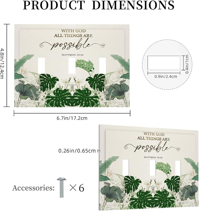 Decorative Light Switch Cover Plate Boho Green Monstera Leaf Inspirational Quotes 3 Gang Wall Plates for Electrical Outlets Triple Toggle Switch Plate Covers Outlet Covers Faceplate