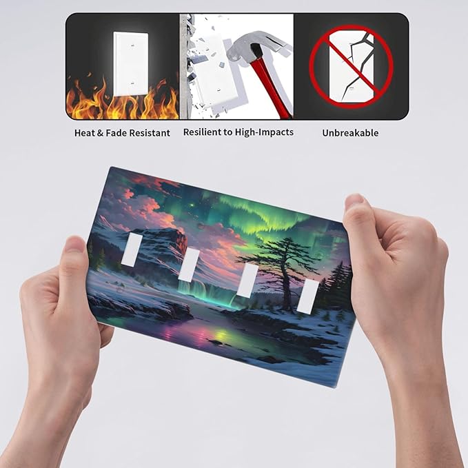 Snow Mountain Aurora Waterfalls Rivers Forest Light Switch Covers Quad Toggle Electrical Faceplate 4 Gang Wall Plate Decorative Switch Plates Cover for Bedroom Living Room Decor