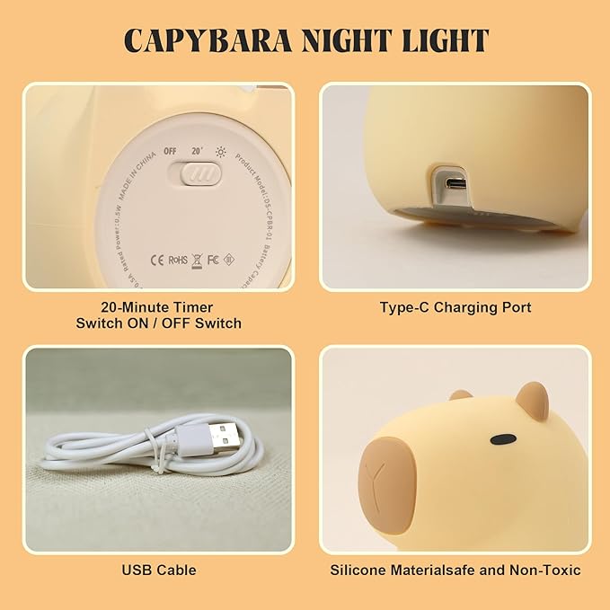 YuanDian Capybara Night Light - Adorable Silicone Lamp for Kids, Babies, Adults | Cute Capybara Gift, Nursery Bedroom Decor