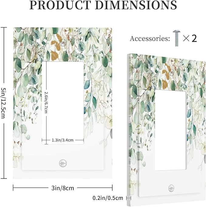 Gold Green Eucalyptus Leaves Plants Flowers Floral Decorative Outlet Covers 1 Gang Single Rocker Light Switch Cover Plate Wall Plates GFCI Faceplate for Bedroom Living Room Decor