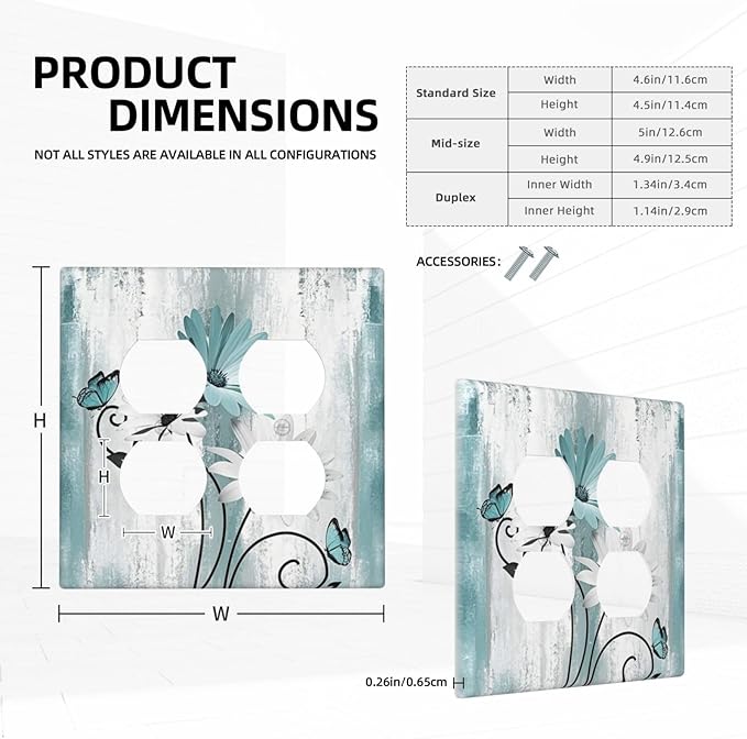 Decorative Light Switch Cover Plate Teal Daisy Floral Butterfly Vintage Wood 2 Gang Decorative Switch Plates 1 Toggle Duplex Combo Outlet Covers GFCI Plug Covers Wallplates for Bathroom Bedroom Decor