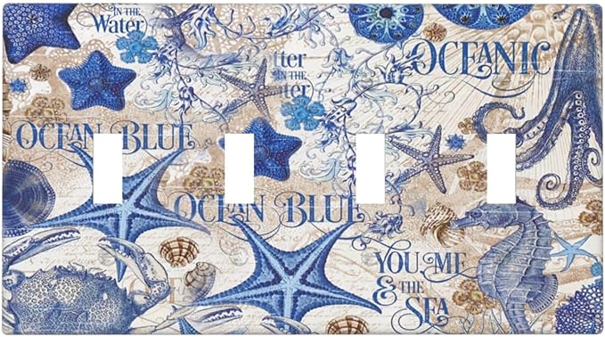 Light Switch Covers Vintage Sea Blue Seahorse Starfish Octopus Quad Toggle Electrical Faceplate 4 Gang Wall Plate Decorative Switch Plates For Kids Room Home Decor