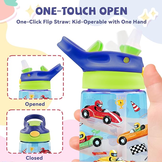 14oz Racing Car Kids Water Bottle with Straw Lid - Cool Water Bottles for Kids, Leakproof, Lightweight, Durable Plastic Bottles for School, Pop-Up Straw Cover, Gift Cup for Girls Boys (Racing Car)