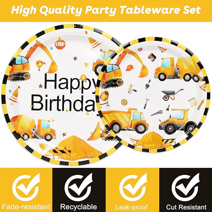 100 Pcs Construction Birthday Party Decorations, Construction Theme Plates and Napkins Forks Set, Disposable Dump Truck Tableware Set for Kids Boys Birthday Party Supplies, 25 Guests
