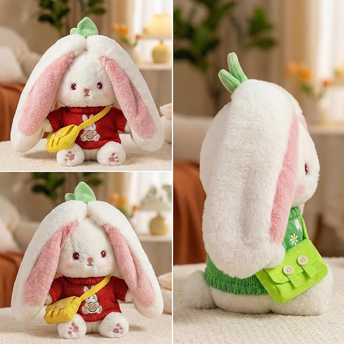 5Pcs Bunny Plush with Clothes & Accessories, Cute Bunny Stuffed Animal Reversible, Strawberry Carrot Bunny Transformed Rabbit Plush Zipper Soft Doll Easter Birthday Party Gift (5PCS Set Carrot)