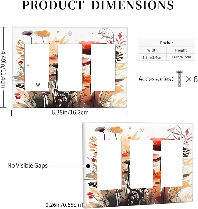 Light Switch Covers Country Watercolor Flowers Art Wildflower 3 Gang Rocker Electrical GFCI Decorative Triple Outlet Wall Plate Cover Switchplate for Bedroom Cabin Decor