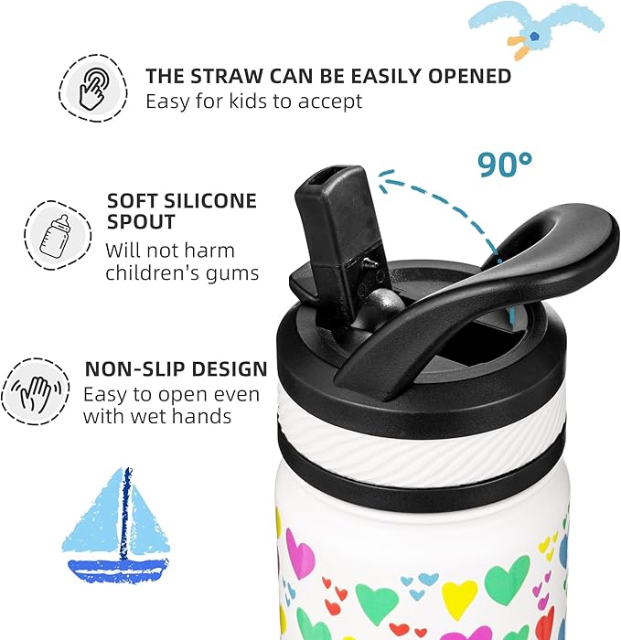 Fanhaw 14 Oz Kids Insulated Water Bottle with Straw - Stainless Steel Double Wall Vacuum Cup, Leakproof, BPA Free, Suitable for Boys and Girls(White - Rainbow Hearts)