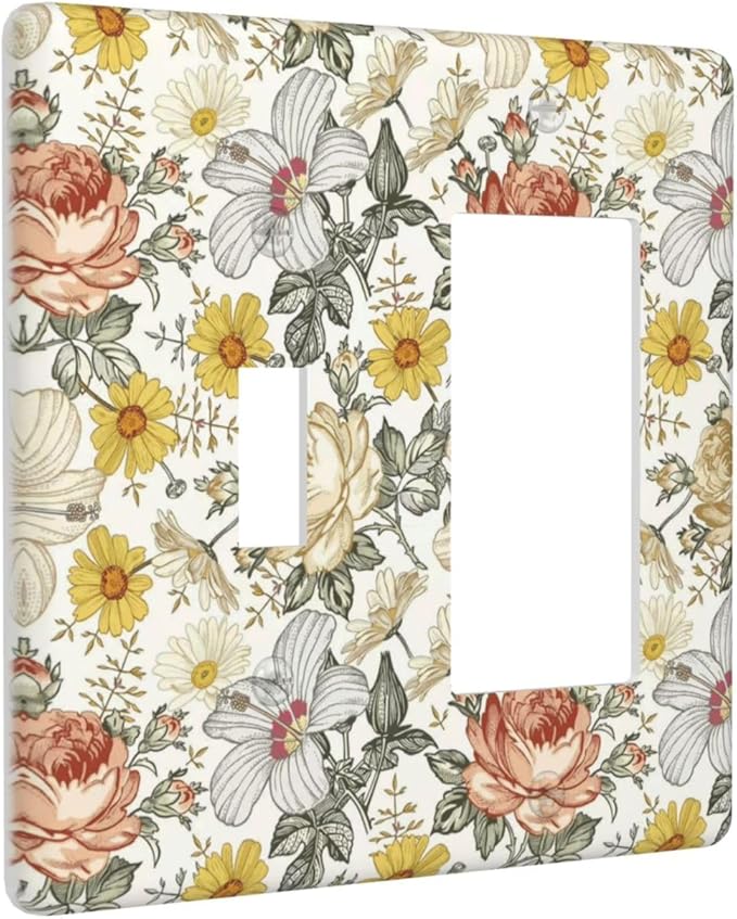 Multicolor Peony Daisy Vintage Floral Flower Outlet Covers 1 Toggle 1 Rocker Combination Decorative Wall Plate Electrical Switch Plates Light Switch Cover Plate for Bedroom Living Room Decor