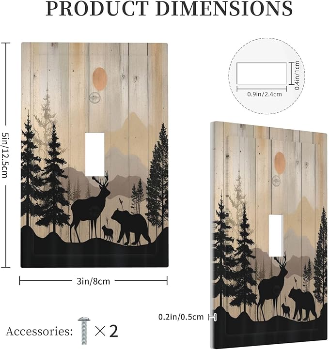 Decorative Light Switch Cover Wood Board Wildlife Cute Bear Deer Forest Rustic 1 Gang Single Toggle Device Electrical Faceplate Switchplates Decorator Outlet Wall Plate for Bathroom