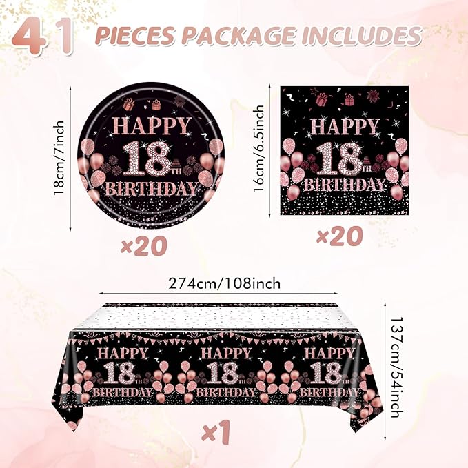 41Pcs 18th Birthday Party Decorations for Girls Her, Rose Gold Birthday Supplies Include 20 Plates 20 Napkins and 1 Tablecloth, Sweet Eighteen Year Old Birthday Party Tableware for Girls Kids Children