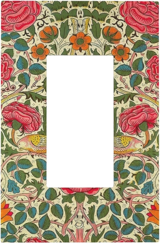 William Morris Roses Floral Single Light Switch Cover Plate VintageTulip Flower Plant Bird 1 Gang Rocker Outlet Covers Switchplate Decorative Electrical Faceplates for Bedroom Kitchen Décor