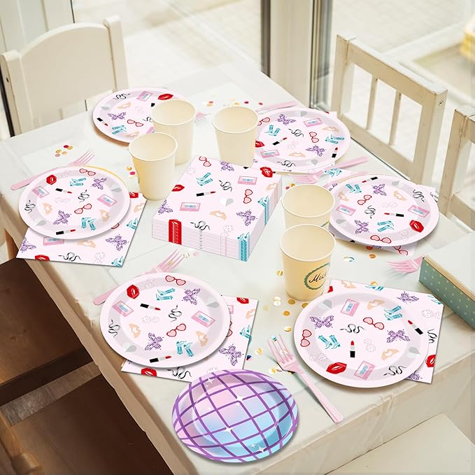 96Pcs Era's Birthday Party Plates and Napkin Women Music Birthday Party Supplies Iridescent Disco Dessert Plates Music Tableware Set for 24 Guest Bachelorette Decorations