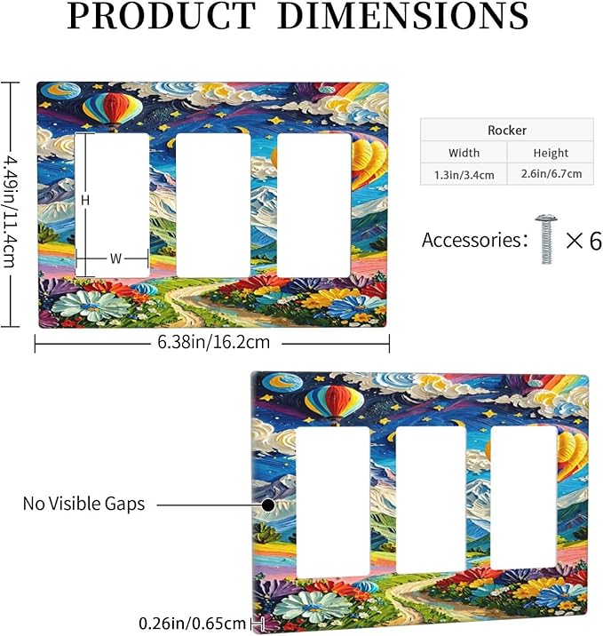 Hot Air Balloons Floral Vibrant Colors Flowers Mountains Stars Moon Light Switch Covers 3 Gang Rocker Decorative Triple Outlet Wall Plate Cover Switchplate Electrical Gfci for Bedroom Kids Room