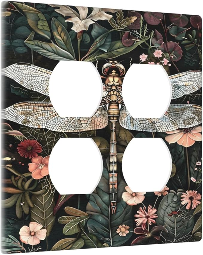 Vintage Dark Green Dragonfly Flowers Floral Botanical Outlet Covers 2 Gang Double Duplex Decorative Light Switch Covers Electrical Wallplates Socket Faceplate for Farmhouse Home Decor