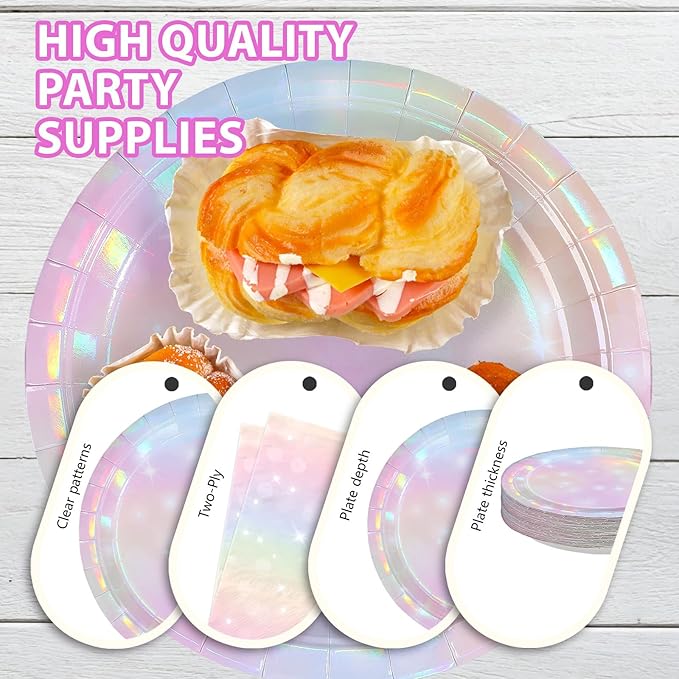 168Pcs Pink Pastel Rainbow Party Decorations Pink Iridescent Plates and Napkins Cups Tableware Sets Rainbow Party Decorations for Rainbow on Cloud 9 Birthday Weddings Baby Shower Supplies Serves 24