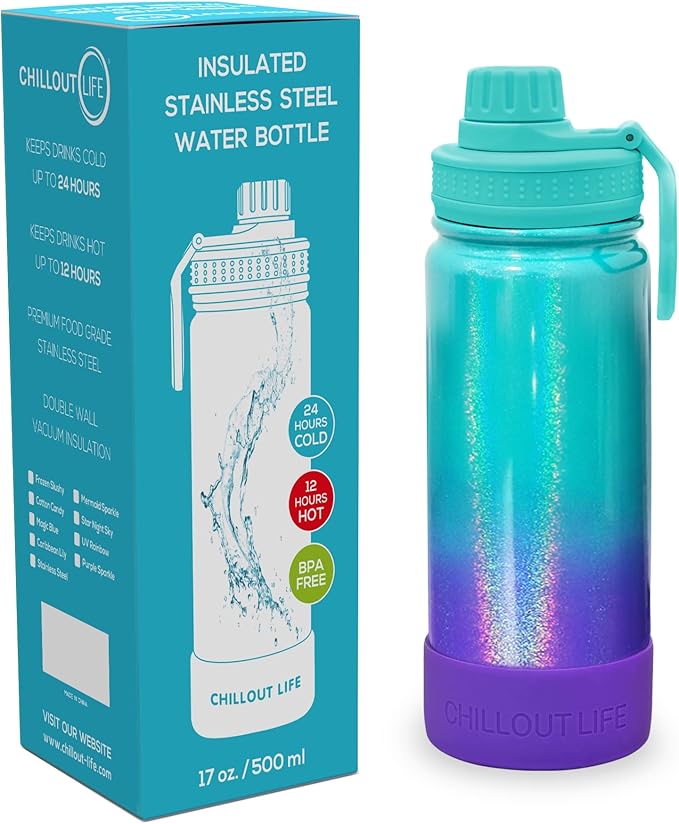 CHILLOUT LIFE 17 oz Kids Insulated Water Bottle for School with Leakproof Spout Lid and Cute Waterproof Stickers, Personalized Stainless Steel Thermos Flask Metal Water Bottle for Girls & Boys
