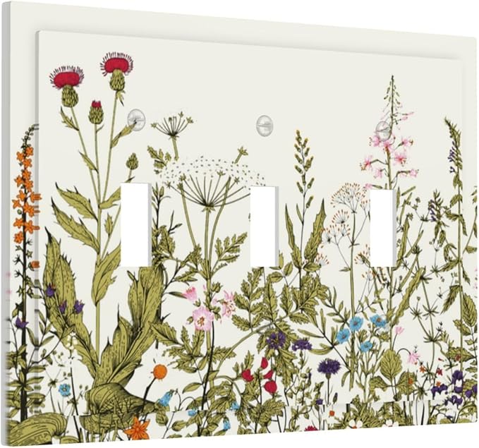 Country Vintage Wild Flowers Floral 3 Gang Light Switch Plate Decorative Triple Toggle Wall Plate Cover Electrical Faceplate Switch Face Plate