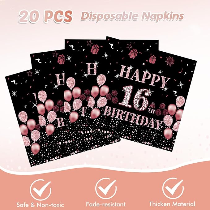 41Pcs 16th Birthday Party Decorations for Girls Her, Rose Gold Birthday Supplies Include 20 Plates 20 Napkins and 1 Tablecloth, Sweet Sixteen Year Old Birthday Party Tableware for Girls Kids Children