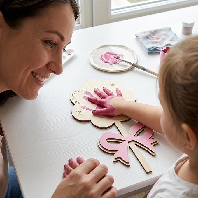 HYPERI DIY Mothers Day Crafts for Kids Handprint Art, Handprints Wooden Rose Flower Bouquet, Mothers Day Gifts for Mom from Kids, for Grandma from Grandkids, Mothers Day Keepsake Craft (Ribbon)