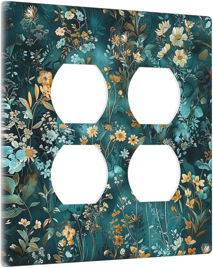 Outlet Covers Green Leaf Floral Boho Golden Flower Plant 2 Gang Double Duplex Decorative Light Switch Covers Electrical Wallplates Socket Faceplate For Bed Room Cabin Decor
