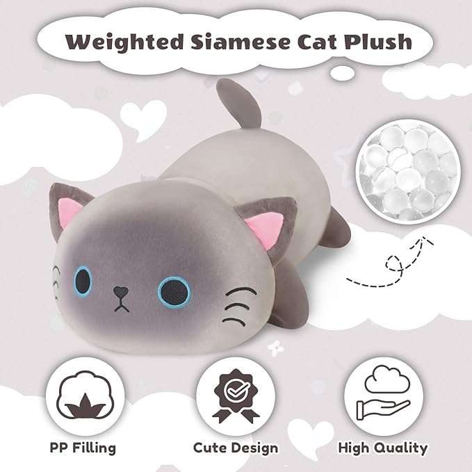 Finebee Weighted Siamese Cat Stuffed Animals, Cute Weighted Siamese Cat Plush, Soft Stuffed Weighted Plushie Pillow Gifts for Girls Boys(23.6" 3.1Lbs)