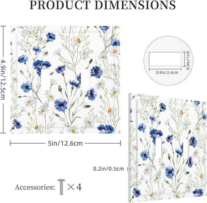 Light Switch Cover Plate Watercolor Daisy Blue Floral Vintage Plant 2 Gang Double Toggle Decorative Switch Plates Plug Cover Wall Plates Electrical Faceplate for Bedroom Home Decor