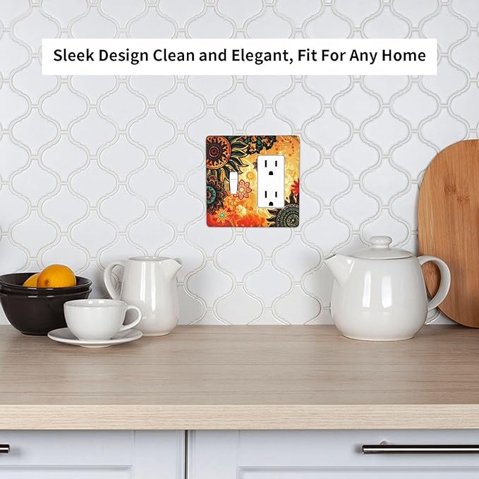 Red Mandala Boho Flower Floral 2 Gang Combination Single Toggle/Decorator Wall Plate Burnt Orange Sunflower Bohemian Combo 1-Toggle 1-GFCI/Rocker Outlet Light Switch Dimmer Receptacle Faceplate Cover