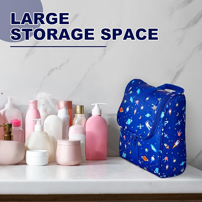 Remobia Hicol Cute Cartoon Hanging Kids Toiletry Bag Children Travel Cosmetic Makeup Organizer Wash Bag Shower bag Over Night Bag Camping Shaving Kit Bag for Boys & Girls (Astronaut)