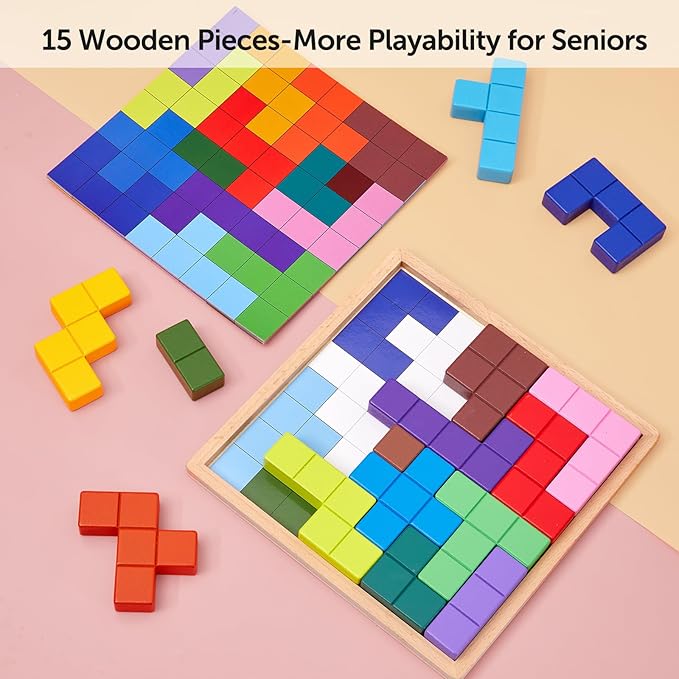 Dementia Products for Elderly, 15 Wooden Tiles Matching Game Activities for Seniors, Easy Memory Games for Alzheimer's, Cognitive Craft Gifts, Large Brain Puzzle Pattern Blocks for Elderly