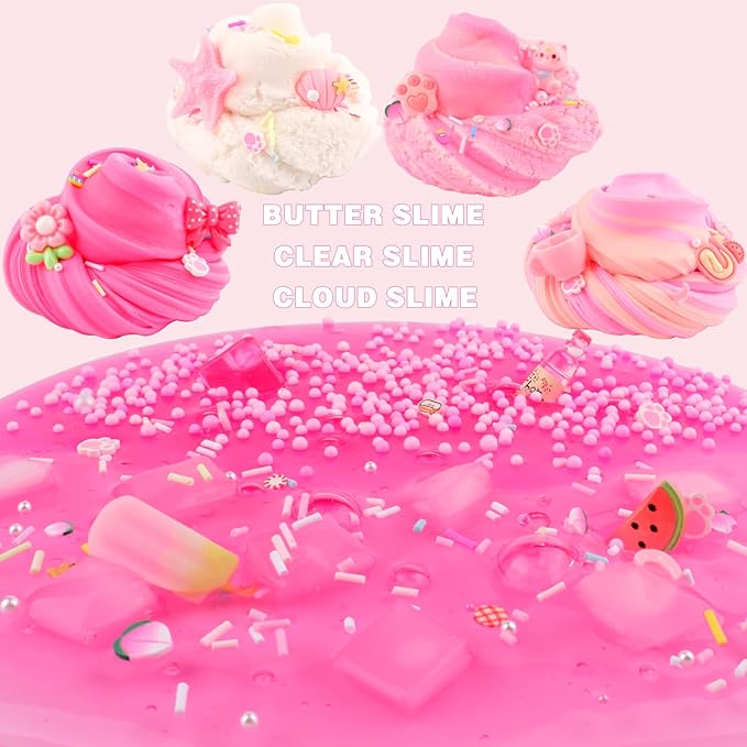 6 Pack Slimes Kit, Pink Slime Kids, Cloud Butter & Clear Slime, Party Favors, Toys for Girls Boys Ages 8-12, Goodie Bag Stuffers,9-10 Year Old Girls Birthday Gift Ideas Cute Stuff