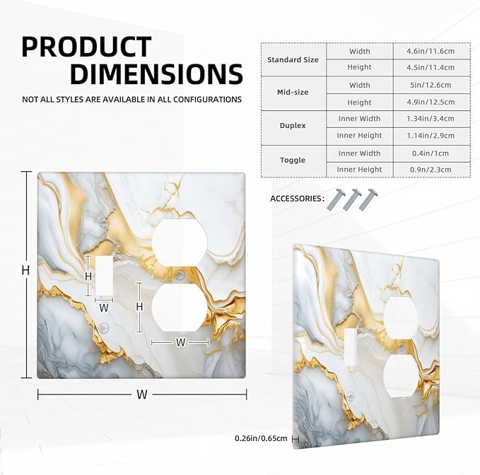 Exquisite White Gold Marble Abstract Luxurious Print Wallplates 1 Toggle 1 Duplex Switch Plate Electrical GFCI Faceplate Decorative Light Switch Covers for Bathroom Kitchen Decor