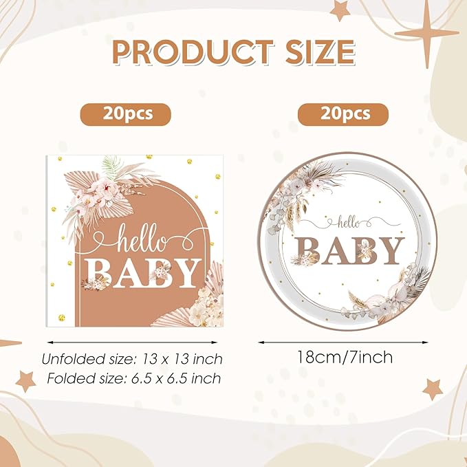 40 PCS Boho Baby Shower Decorations Bohemian Theme Disposable Tableware Set Gender Neutral Baby Shower Decorations Baby Paper Plates Napkins for Girl Boy