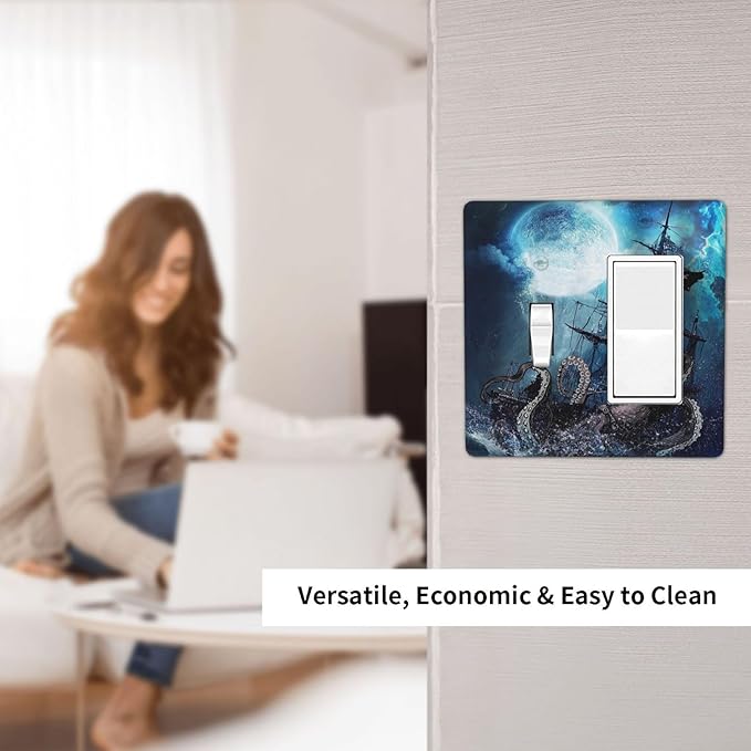 Moon Ocean Nautical Octopus 2 Gang Single Toggle/Rocker Combination Light Switch Cover Decorative Wall Plate Cover Electrical Faceplate Art Oil Painting Decor
