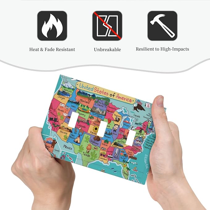 American Map 3 Gang Light Switch Cover Decorative Triple Toggle Wall Plate Electrical Switchplate Standard Size Faceplate Cartoon Animal Educational Geography Rustic Barn Bathroom Bedroom Home Decor