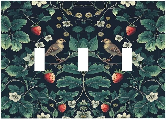 Decorative Switch Plates Strawberry Birds Flowers Plant Morris Floral 3 Gang Wall Plate Triple Toggle Light Switch Cover Faceplate Electrical Wall Panels for Bedroom Farmhouse Decor