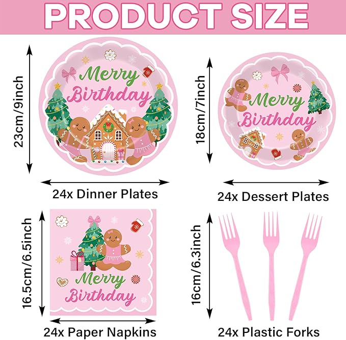96 Pcs Gingerbread Birthday Party Plates Napkins Tableware Set Pink Christmas Party Supplies Disposable Dinnerware Merry Birthday Decoration Favors for Winter Xmas Baby Shower Holiday, 24 Guests