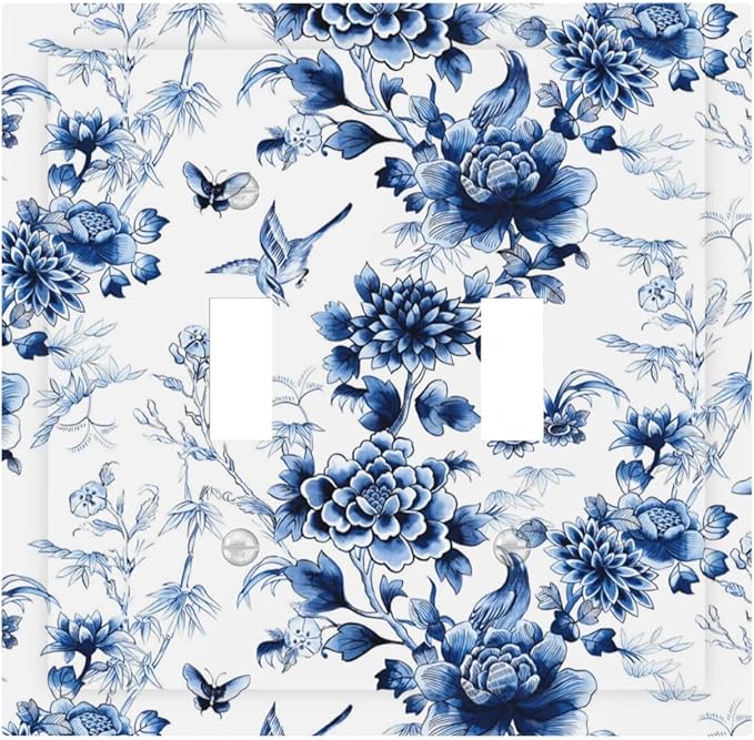 Blue Flower White Floral Plant Bird Butterfly Decorative Switch Plates 2 Gang Double Toggle Outlet Light Switch Cover Wall Plate Electrical Faceplate for Bedroom Living Room Decor