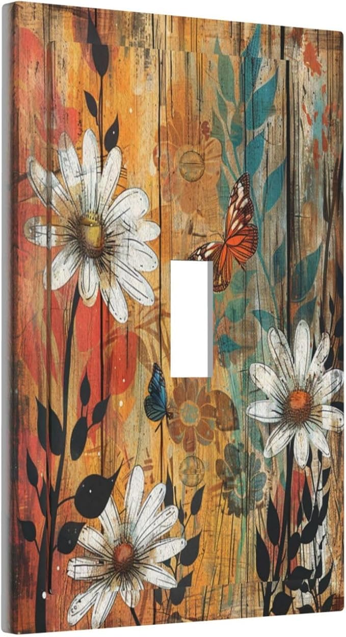 Light Switch Cover Plate Vintage Wooden Daisies Butterflies Floral 1 Gang Single Toggle Decorative Switch Plates Wall Plates Electrical Faceplate for Bathroom Farmhouse Decor