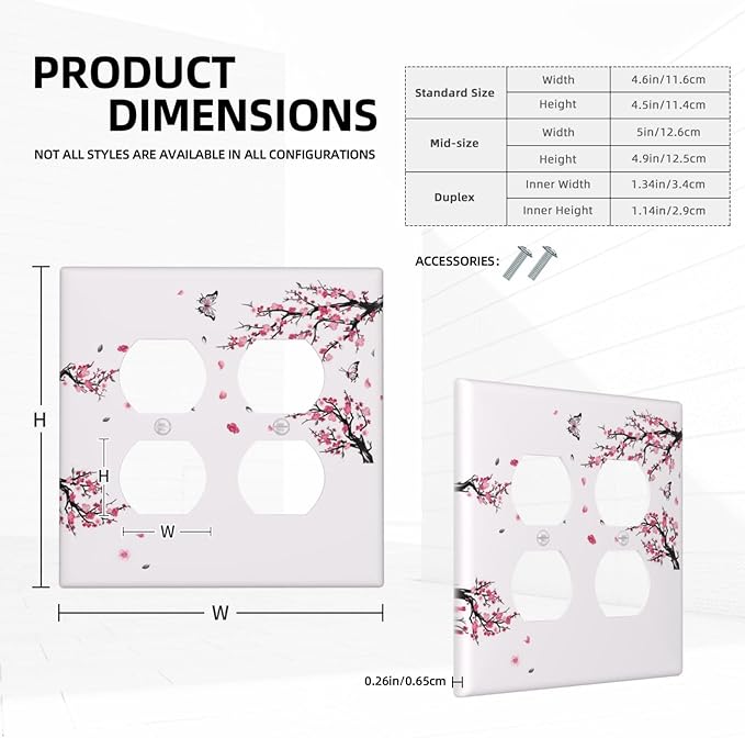 Pink Watercolor Cherry Blossom Flowe Tree Branch Floral Outlet Covers 2 Gang Double Duplex Decorative Light Switch Covers Electrical Wallplates Socket Faceplate for Bedroom Living Room Decor
