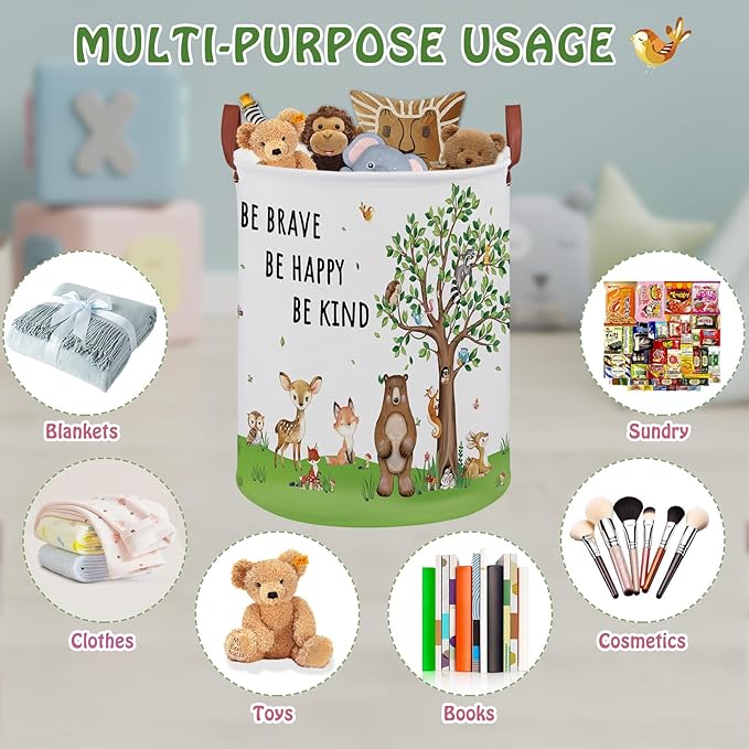 Woodland Baby Laundry Hamper,Bear Baby Boy Nursery Decor with Inspirational Quotes,Animal Toddler Laundry Hamper,Tree Storage Bin Fox Owl Towel Bin Clothes Book Toy Organizer Box(Green）