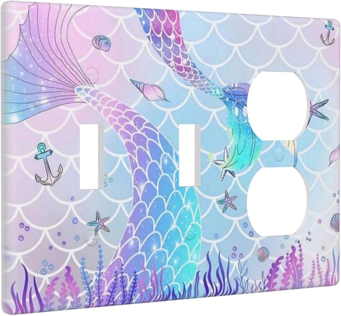 Cartoon Pink Girl Mermaid Scales Tail 3 Gang 2 Toggle 1 Duplex Combination Light Switch Plate Decorative Triple Toggle Wall Plate Cover Electrical Faceplate Switch Face Plate
