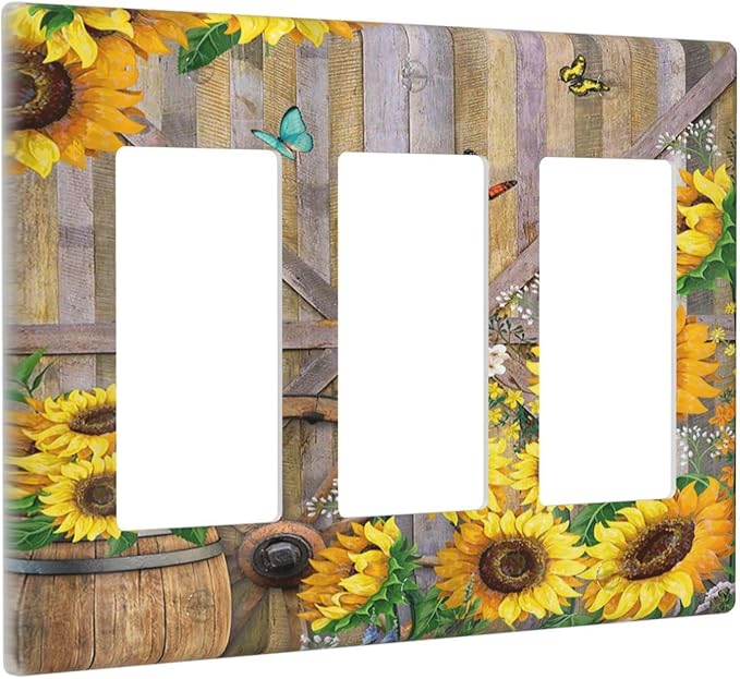 Rustic Sunflower Barn Door Country Wood Plank 3 Gang Rocker Light Switch Covers Decorative Triple Outlet Wall Plate Cover Faceplate Decorative Switchplate GFCI for Farmhouse Bathroom Bedroom Decor