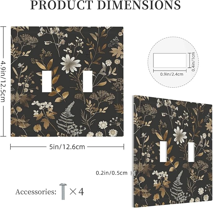 Decorative Switch Plates Black Gold Floral Dark Leaves Vintage Flowers 2 Gang Double Toggle Outlet Light Switch Cover Wall Plate Electrical Faceplate for Bed Room Home Decor