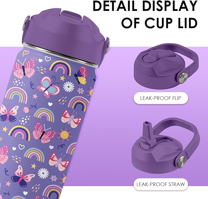 Butterfly Gifts - 16oz Purple Kids Water Bottle with Straw Lid, Stainless Steel Insulated Tumbler, Leakproof, BPA-Free, for Girls, School, Travel - Butterfly Rainbow Themed Birthday Gift Cup (1pc)