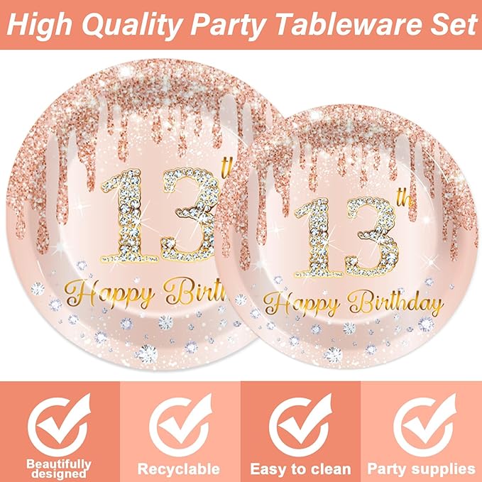 96 Pcs 13th Birthday Decoration for Girls Rose Gold 13th Birthday Plates and Napkins Party Supplies Rose Gold Pink Happy 13 Years Party Disposable Tableware Set for 24 Guests Party Decoration