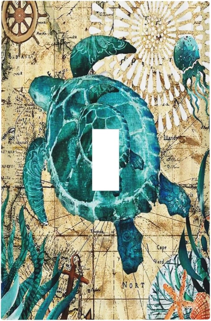 Decorative 1 Gang Single Toggle Light Switch Wall Plate Cover Nautical Ocean Beach Turquoise Teal Sea Turtle World Map Tortoise Mid Size Device Electrical Outlet Cover Receptacle Plug Face Plate
